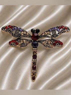 Dragonfly Red Crystal Gold Brooch